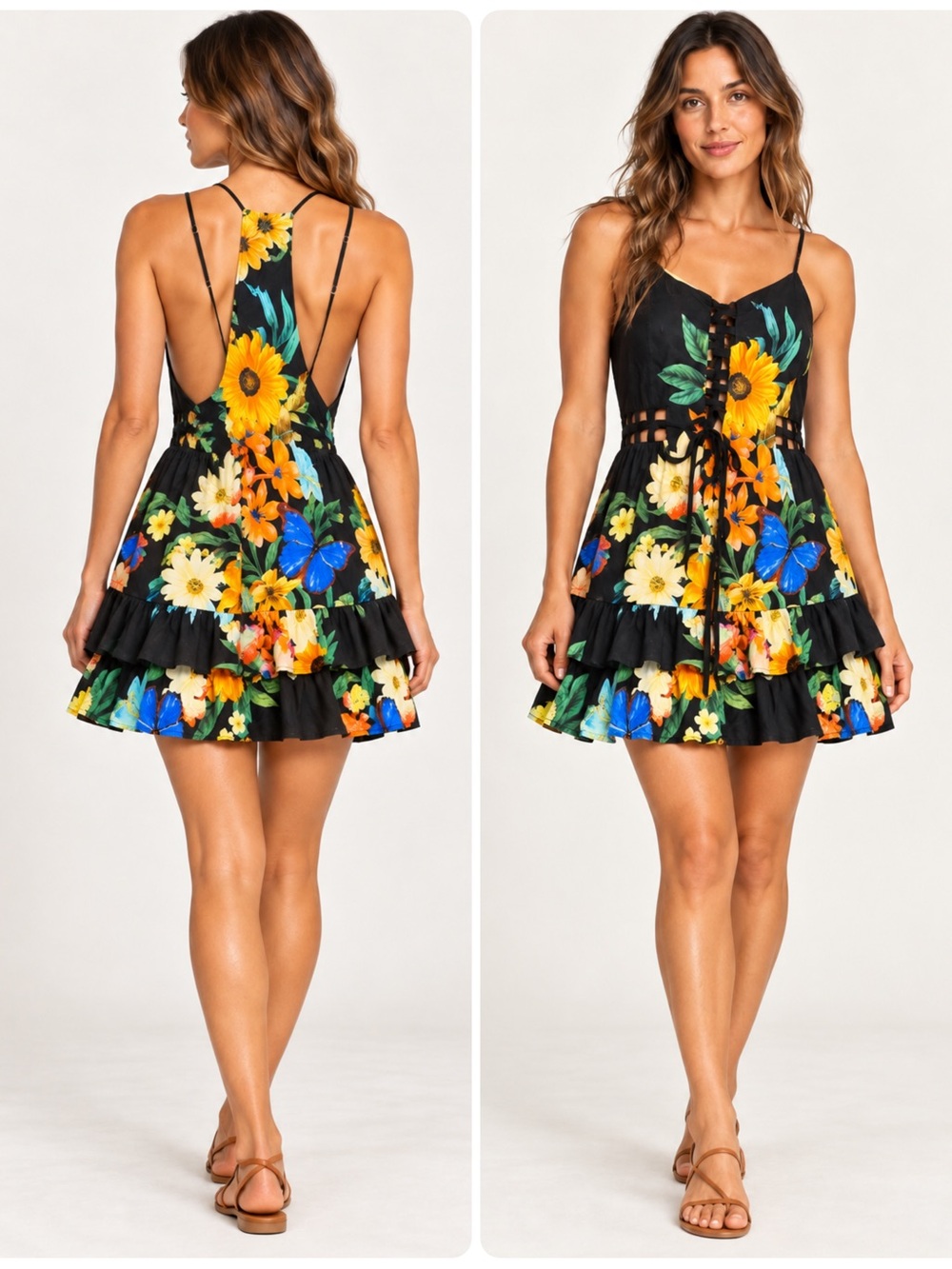 FARM RIO Floral Sunflower Black Sundress with Lace-Up Front (130)